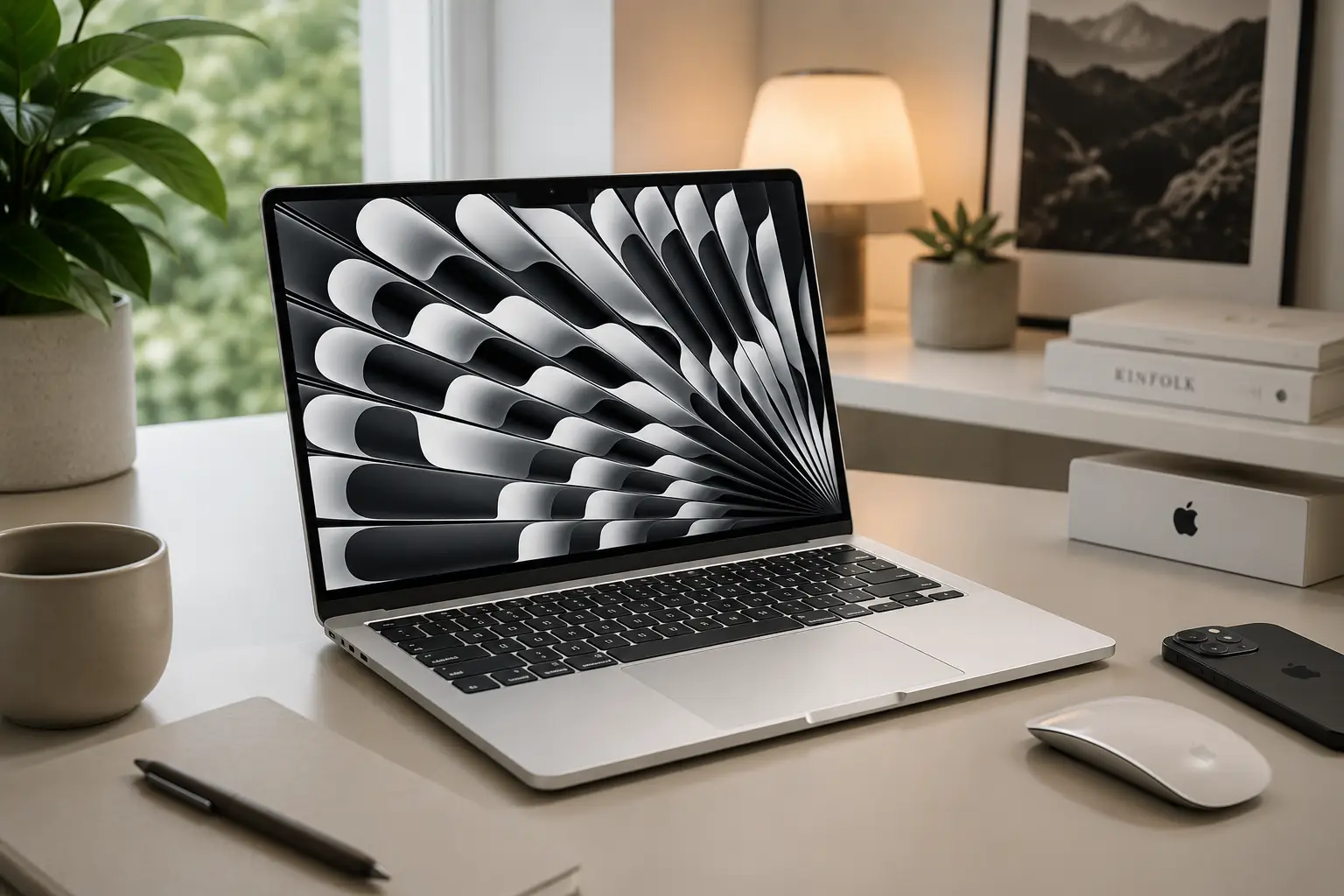 MacBook Air M5 prateado sobre mesa de trabalho minimalista com acessórios Apple, iluminação suave e ambiente moderno, representando produtividade, criação de conteúdo e trabalho profissional em 2026.