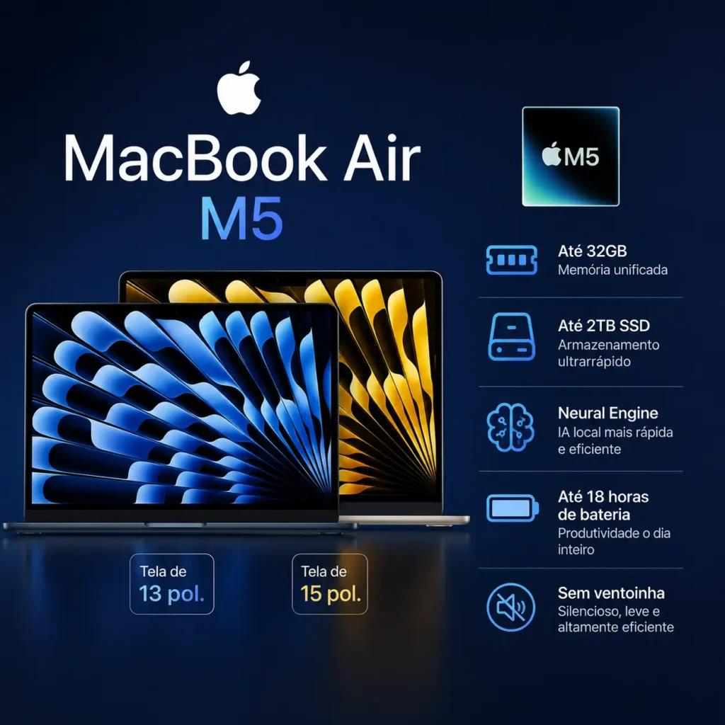 Comparação entre os modelos MacBook Air M5 de 13 e 15 polegadas, destacando chip Apple M5, memória unificada de até 32 GB, armazenamento SSD de até 2 TB, Neural Engine para IA local e bateria de longa duração.