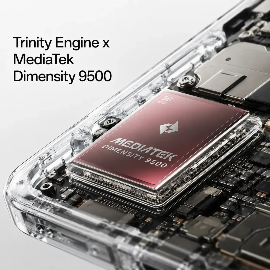 OPPO Find X9 Pro 5G vale a pena? Conheça a ficha técnica completa do smartphone com 16 GB de RAM e 512 GB 6 Ilustração técnica do processador MediaTek Dimensity 9500 no OPPO Find X9 Pro, destacando a arquitetura interna do chipset, o Trinity Engine e o hardware premium desenvolvido para oferecer alto desempenho, eficiência energética e recursos avançados de inteligência artificial.