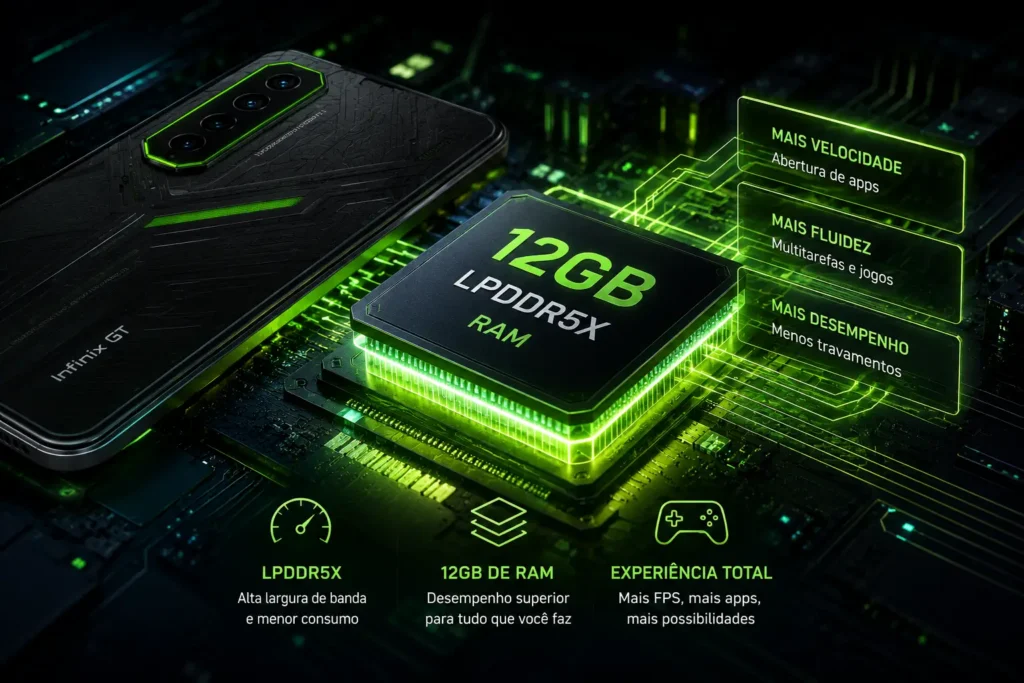 Infinix GT30 Pro Vale a Pena? Review Completo do Smartphone com Dimensity 8350, Tela AMOLED 144Hz e 12GB de RAM 4 Ilustração da memória RAM LPDDR5X de 12GB do Infinix GT30 Pro, destacando a tecnologia Memory Fusion, multitarefa avançada e desempenho otimizado com o processador Dimensity 8350.