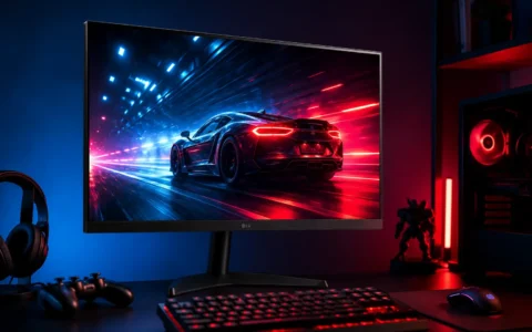 Monitor Gamer LG UltraGear 27GS60F-B de 27 polegadas em um setup gamer moderno com iluminação RGB, exibindo uma cena de corrida em alta velocidade para destacar o painel IPS Full HD, a taxa de atualização de 180 Hz e o tempo de resposta de 1 ms (GtG).