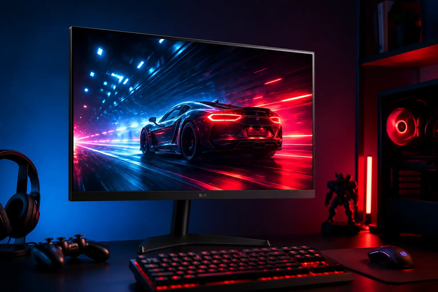 Monitor Gamer LG UltraGear 27GS60F-B de 27 polegadas em um setup gamer moderno com iluminação RGB, exibindo uma cena de corrida em alta velocidade para destacar o painel IPS Full HD, a taxa de atualização de 180 Hz e o tempo de resposta de 1 ms (GtG).