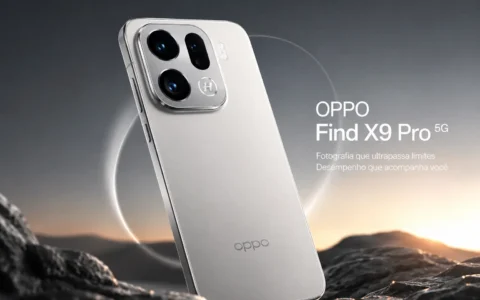 Imagem destacada do OPPO Find X9 Pro 5G na cor branca, exibindo o design premium, o módulo de câmeras desenvolvido em parceria com a Hasselblad e acabamento sofisticado, com destaque para o sistema fotográfico avançado e o processador MediaTek Dimensity 9500.