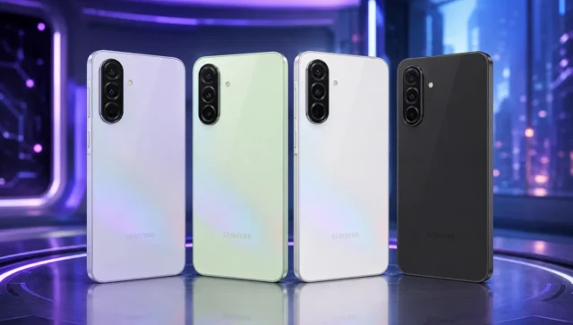 Samsung Galaxy A36 5G nas cores violeta, verde, branco e preto em um cenário tecnológico futurista com iluminação neon, destacando o design moderno e o conjunto de câmeras traseiras.