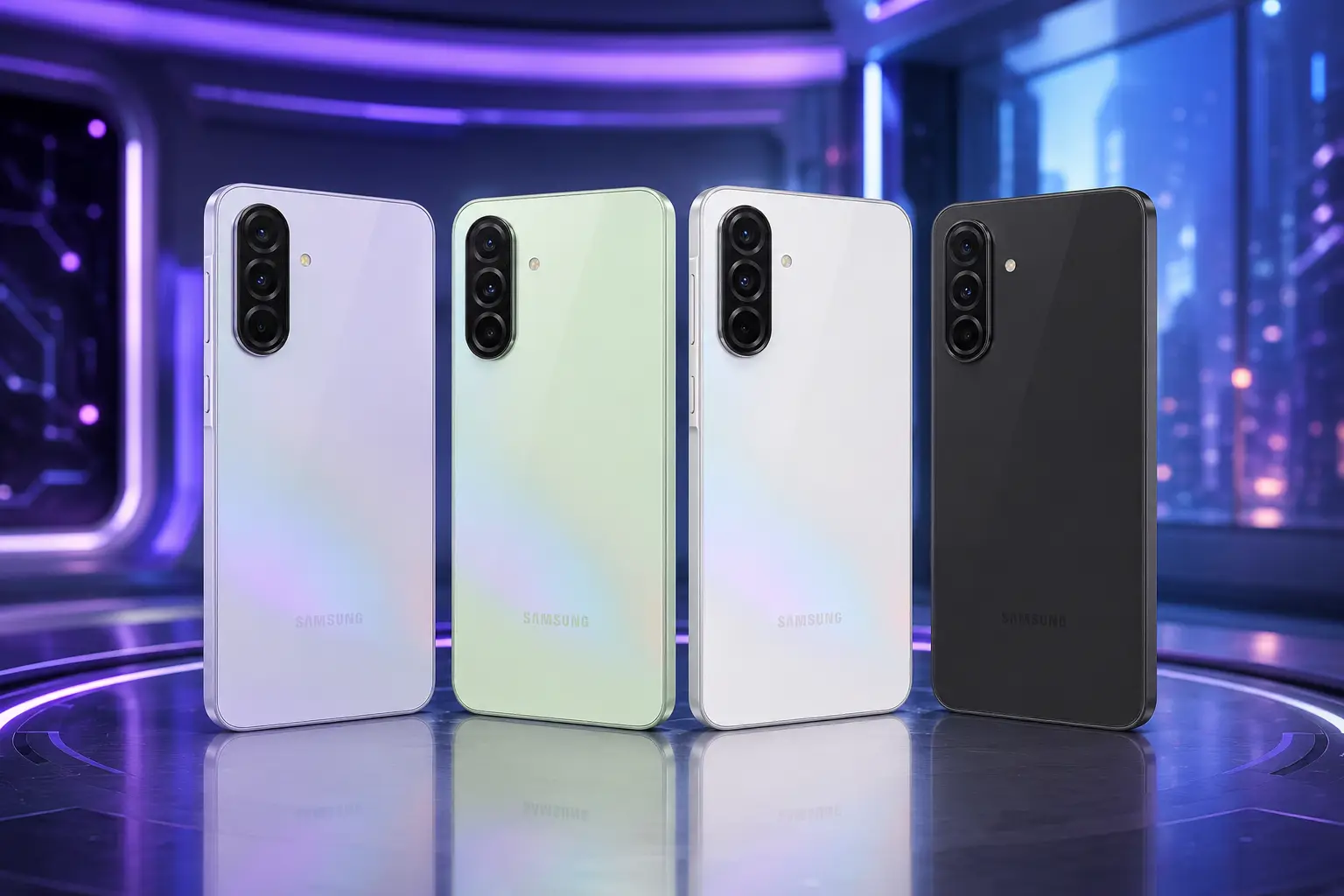 Samsung Galaxy A36 5G nas cores violeta, verde, branco e preto em um cenário tecnológico futurista com iluminação neon, destacando o design moderno e o conjunto de câmeras traseiras.