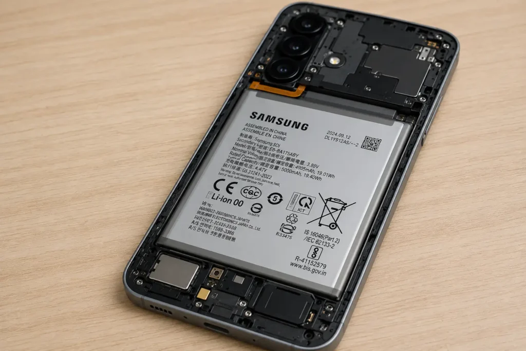 Samsung Galaxy A17 é bom? Vale a pena comprar? Análise completa da versão 256 GB 7 Imagem em close da estrutura interna do Samsung Galaxy A17 destacando a bateria de 5.000 mAh, módulos de câmera, placa eletrônica e componentes internos responsáveis pela autonomia e eficiência energética do smartphone.