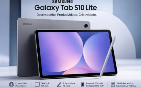 Imagem destacada do Samsung Galaxy Tab S10 Lite na cor cinza com a S Pen inclusa, exibindo a parte frontal e traseira do tablet. O modelo conta com processador Exynos 1380, tela TFT WUXGA+ de 10,9 polegadas, 6 GB de RAM, 128 GB de armazenamento, bateria de 8.000 mAh e Android 15, sendo indicado para estudos, produtividade e entretenimento.