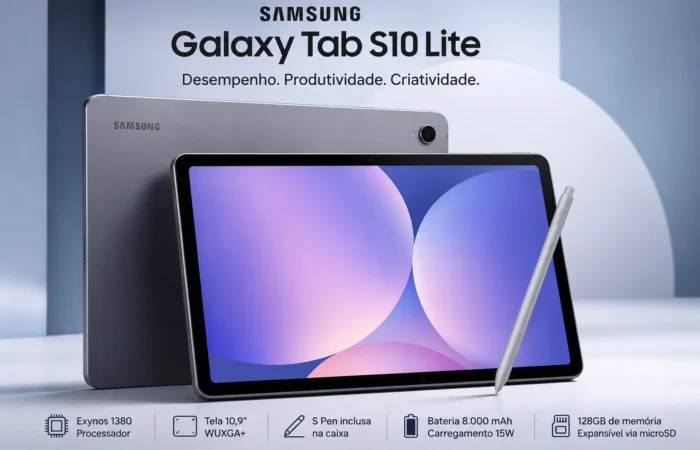 Imagem destacada do Samsung Galaxy Tab S10 Lite na cor cinza com a S Pen inclusa, exibindo a parte frontal e traseira do tablet. O modelo conta com processador Exynos 1380, tela TFT WUXGA+ de 10,9 polegadas, 6 GB de RAM, 128 GB de armazenamento, bateria de 8.000 mAh e Android 15, sendo indicado para estudos, produtividade e entretenimento.
