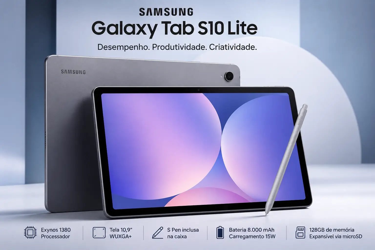 Imagem destacada do Samsung Galaxy Tab S10 Lite na cor cinza com a S Pen inclusa, exibindo a parte frontal e traseira do tablet. O modelo conta com processador Exynos 1380, tela TFT WUXGA+ de 10,9 polegadas, 6 GB de RAM, 128 GB de armazenamento, bateria de 8.000 mAh e Android 15, sendo indicado para estudos, produtividade e entretenimento.