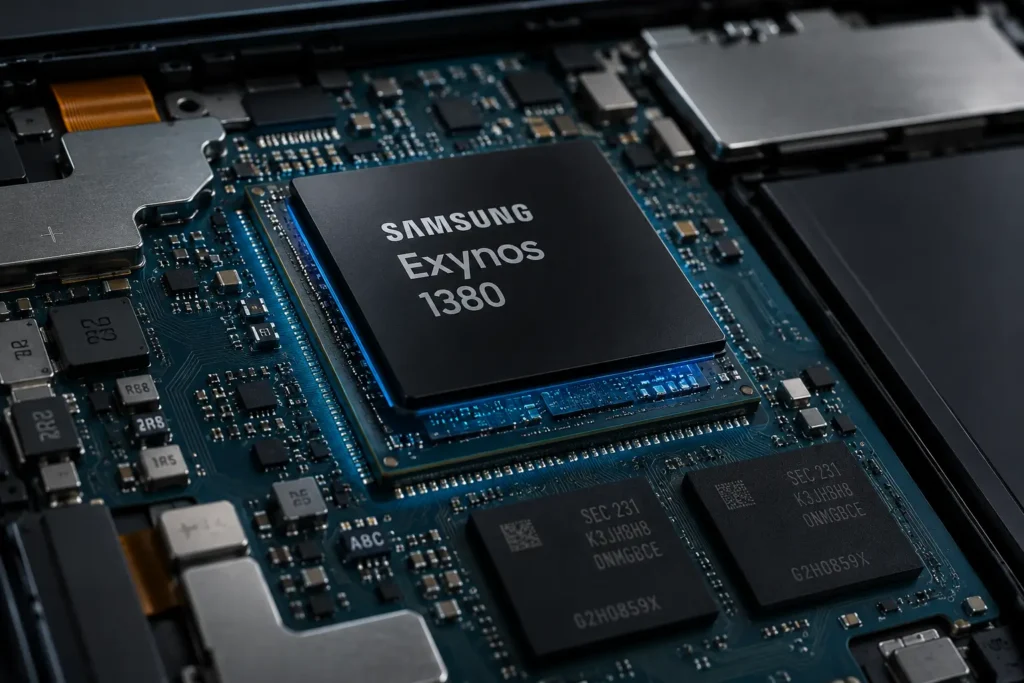 Galaxy Tab S10 Lite é bom? Conheça a ficha técnica completa e descubra se vale a pena em 2026 5 Imagem ilustrativa em close-up do processador Samsung Exynos 1380 instalado na placa-mãe do Galaxy Tab S10 Lite, destacando a arquitetura interna do tablet, os componentes eletrônicos e o chipset responsável pelo desempenho, multitarefa e eficiência energética do dispositivo.