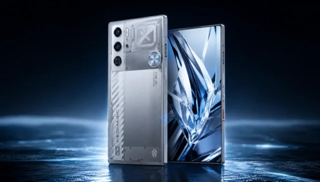 REDMAGIC 11S Pro vale a pena? Análise técnica do celular gamer com resfriamento líquido 1 REDMAGIC 11S Pro Subzero prata transparente visto de frente e de costas em uma composição tecnológica realista.