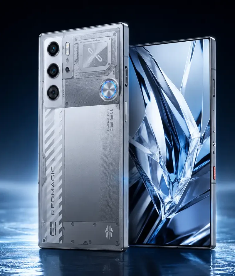 REDMAGIC 11S Pro Subzero prata transparente visto de frente e de costas em uma composição tecnológica realista.