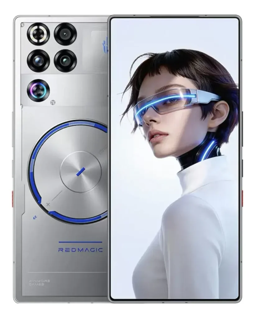 REDMAGIC 11S Pro Subzero prata transparente visto de frente e de costas, com tela AMOLED e sistema de resfriamento visível.