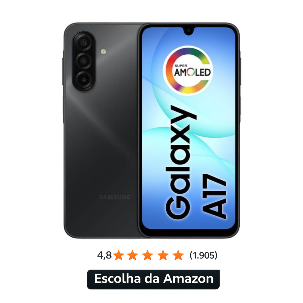 Samsung Galaxy A17 é bom? Vale a pena comprar? Análise completa da versão 256 GB 2 Samsung Galaxy A17 256GB na cor preta com tela Super AMOLED de 6,7 polegadas, 8GB de RAM, câmera traseira tripla de 50MP, bateria de 5.000mAh, NFC, certificação IP54 e Android 15.