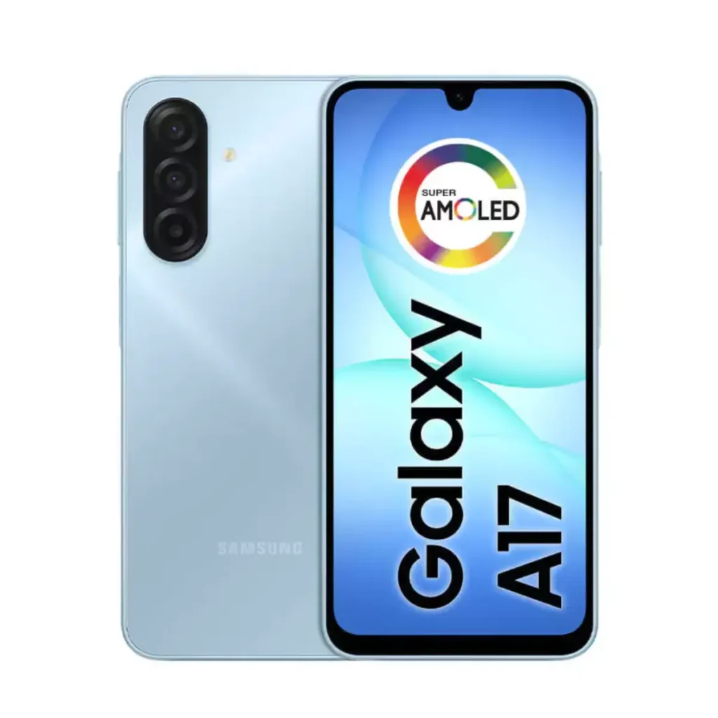Samsung Galaxy A17 é bom? Vale a pena comprar? Análise completa da versão 256 GB 6 Imagem do Samsung Galaxy A17 256GB destacando o design elegante, tela Super AMOLED de 6,7 polegadas com resolução Full HD+, câmera principal de 50 MP, 8 GB de RAM, bateria de 5.000 mAh, NFC, certificação IP54 e Android 15.
