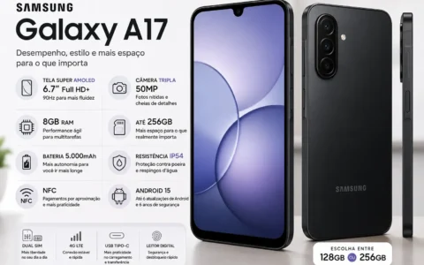 Infográfico do Samsung Galaxy A17 256GB destacando tela Super AMOLED de 6,7 polegadas com resolução Full HD+ e 90 Hz, câmera tripla de 50 MP, 8 GB de RAM, bateria de 5.000 mAh, certificação IP54, NFC e Android 15 com até 6 atualizações do sistema.