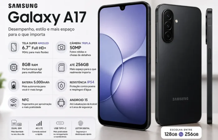 Infográfico do Samsung Galaxy A17 256GB destacando tela Super AMOLED de 6,7 polegadas com resolução Full HD+ e 90 Hz, câmera tripla de 50 MP, 8 GB de RAM, bateria de 5.000 mAh, certificação IP54, NFC e Android 15 com até 6 atualizações do sistema.