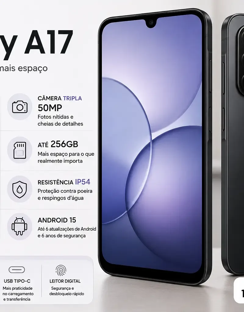 Infográfico do Samsung Galaxy A17 256GB destacando tela Super AMOLED de 6,7 polegadas com resolução Full HD+ e 90 Hz, câmera tripla de 50 MP, 8 GB de RAM, bateria de 5.000 mAh, certificação IP54, NFC e Android 15 com até 6 atualizações do sistema.