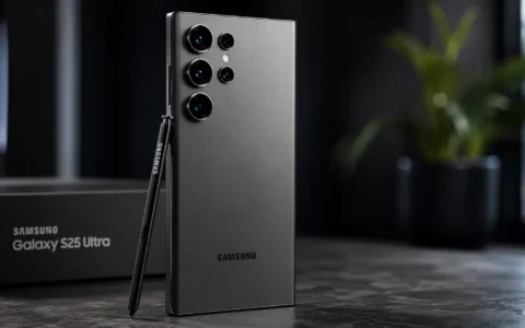 Imagem realista do Samsung Galaxy S25 Ultra 5G na cor Titânio Preto em ambiente de estúdio, destacando o design premium em titânio, conjunto quádruplo de câmeras com sensor principal de 200 MP, S Pen e acabamento sofisticado. O smartphone conta com processador Snapdragon 8 Elite for Galaxy, 12 GB de RAM, tela Dynamic AMOLED 2X de 6,9 polegadas e recursos avançados de inteligência artificial Galaxy AI.