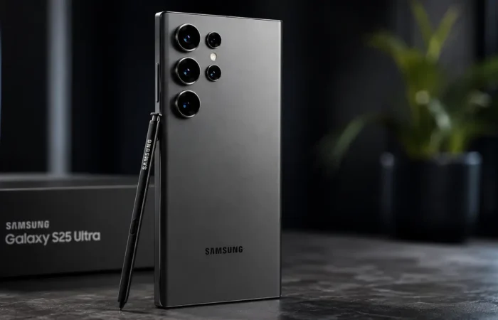 Imagem realista do Samsung Galaxy S25 Ultra 5G na cor Titânio Preto em ambiente de estúdio, destacando o design premium em titânio, conjunto quádruplo de câmeras com sensor principal de 200 MP, S Pen e acabamento sofisticado. O smartphone conta com processador Snapdragon 8 Elite for Galaxy, 12 GB de RAM, tela Dynamic AMOLED 2X de 6,9 polegadas e recursos avançados de inteligência artificial Galaxy AI.