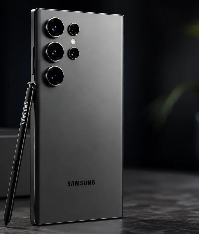 Imagem realista do Samsung Galaxy S25 Ultra 5G na cor Titânio Preto em ambiente de estúdio, destacando o design premium em titânio, conjunto quádruplo de câmeras com sensor principal de 200 MP, S Pen e acabamento sofisticado. O smartphone conta com processador Snapdragon 8 Elite for Galaxy, 12 GB de RAM, tela Dynamic AMOLED 2X de 6,9 polegadas e recursos avançados de inteligência artificial Galaxy AI.