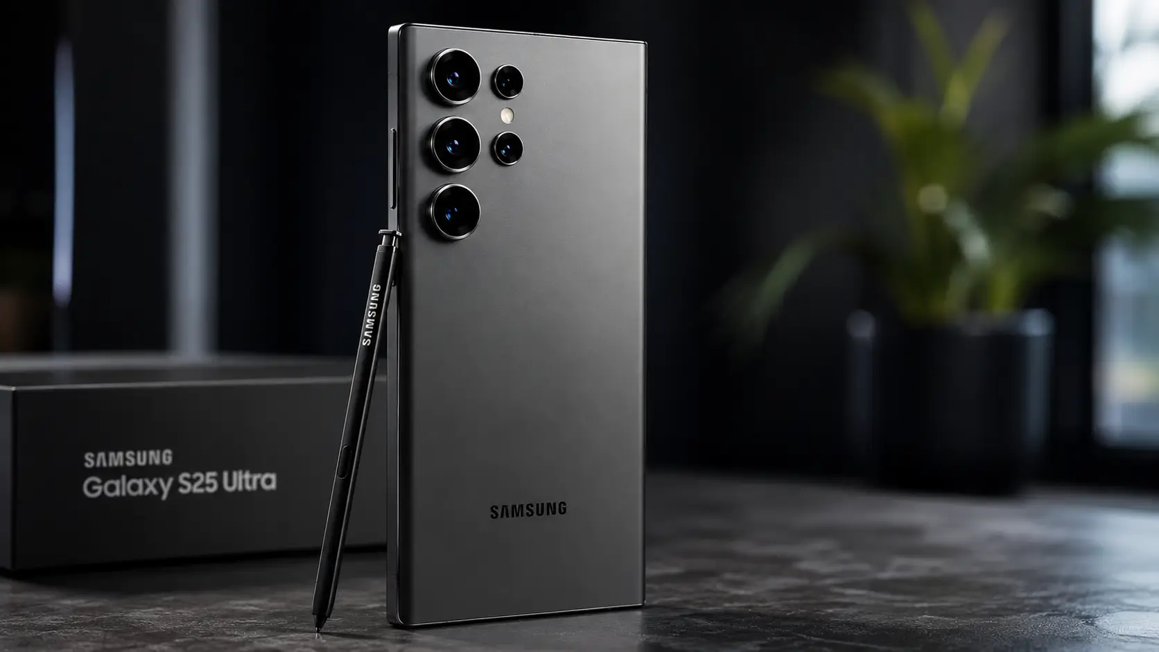 Imagem realista do Samsung Galaxy S25 Ultra 5G na cor Titânio Preto em ambiente de estúdio, destacando o design premium em titânio, conjunto quádruplo de câmeras com sensor principal de 200 MP, S Pen e acabamento sofisticado. O smartphone conta com processador Snapdragon 8 Elite for Galaxy, 12 GB de RAM, tela Dynamic AMOLED 2X de 6,9 polegadas e recursos avançados de inteligência artificial Galaxy AI.