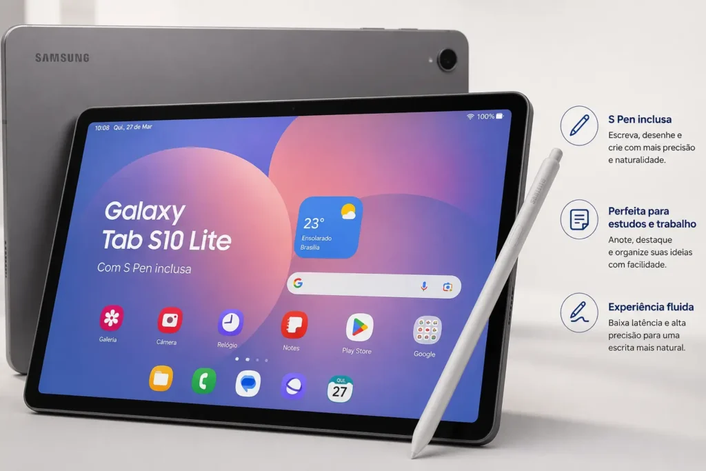 Galaxy Tab S10 Lite é bom? Conheça a ficha técnica completa e descubra se vale a pena em 2026 8 Imagem do Samsung Galaxy Tab S10 Lite na cor cinza com a S Pen inclusa posicionada ao lado da tela, destacando os recursos de escrita digital, anotações, desenhos e produtividade. O tablet possui tela de 10,9 polegadas, processador Exynos 1380, Android 15 e é indicado para estudos, trabalho e entretenimento.