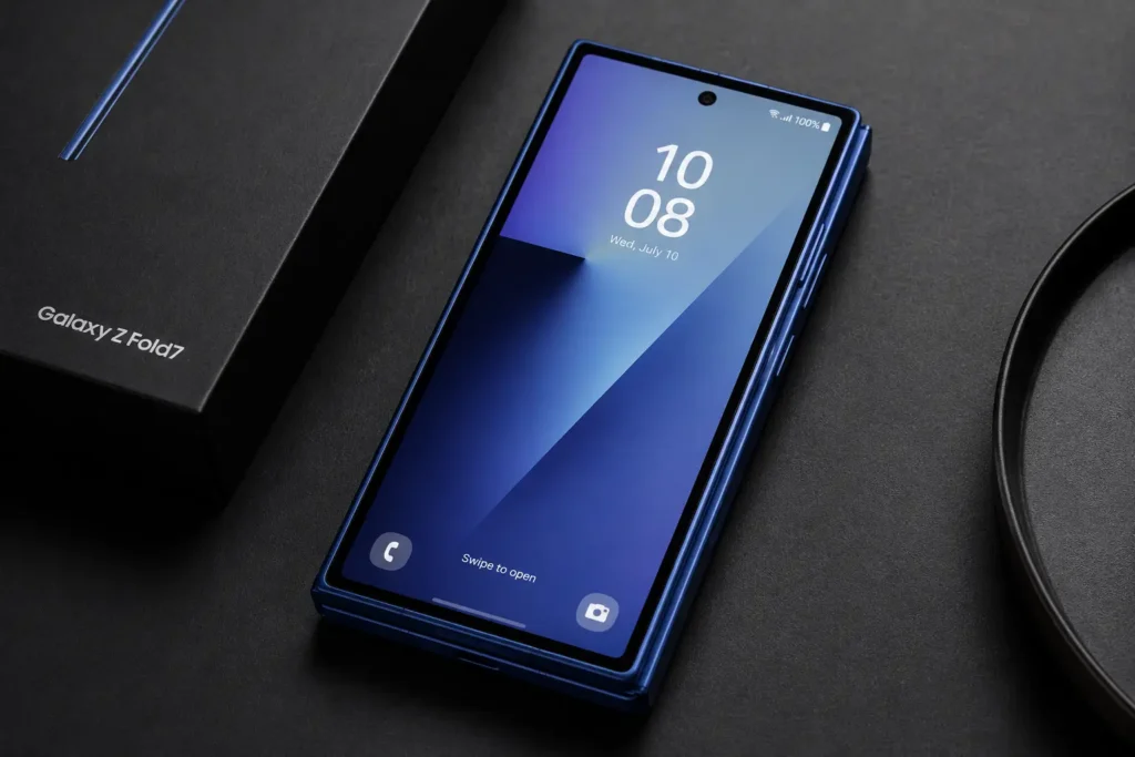 Samsung Galaxy Z Fold7 vale a pena? Análise técnica completa do novo dobrável da Samsung 5 Imagem do Samsung Galaxy Z Fold7 fechado destacando a tela externa Dynamic AMOLED 2X de 6,5 polegadas, design ultrafino, molduras reduzidas e acabamento premium em azul, evidenciando a experiência de uso no modo smartphone.