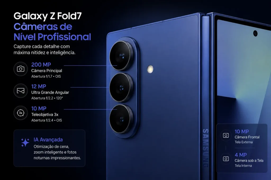 Samsung Galaxy Z Fold7 vale a pena? Análise técnica completa do novo dobrável da Samsung 9 Imagem do Samsung Galaxy Z Fold7 destacando o conjunto de câmeras traseiras com sensor principal de 200 MP, lente ultra-angular de 12 MP, teleobjetiva de 10 MP, ProVisual Engine, Nightography e recursos de inteligência artificial para fotografia computacional.
