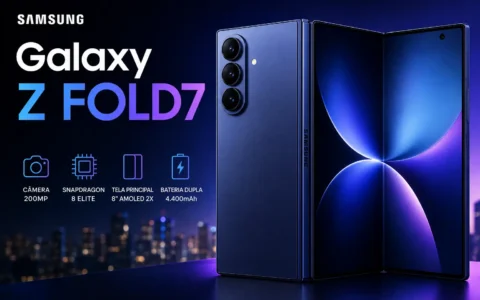 Imagem do Samsung Galaxy Z Fold7 destacando o design dobrável premium, tela Dynamic AMOLED 2X de 8 polegadas, câmera principal de 200 MP, processador Snapdragon 8 Elite for Galaxy e bateria dupla de 4.400 mAh em um cenário tecnológico.