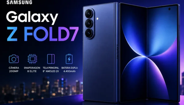 Imagem do Samsung Galaxy Z Fold7 destacando o design dobrável premium, tela Dynamic AMOLED 2X de 8 polegadas, câmera principal de 200 MP, processador Snapdragon 8 Elite for Galaxy e bateria dupla de 4.400 mAh em um cenário tecnológico.