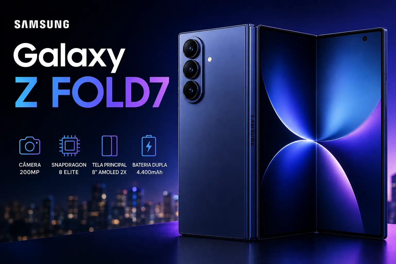 Imagem do Samsung Galaxy Z Fold7 destacando o design dobrável premium, tela Dynamic AMOLED 2X de 8 polegadas, câmera principal de 200 MP, processador Snapdragon 8 Elite for Galaxy e bateria dupla de 4.400 mAh em um cenário tecnológico.