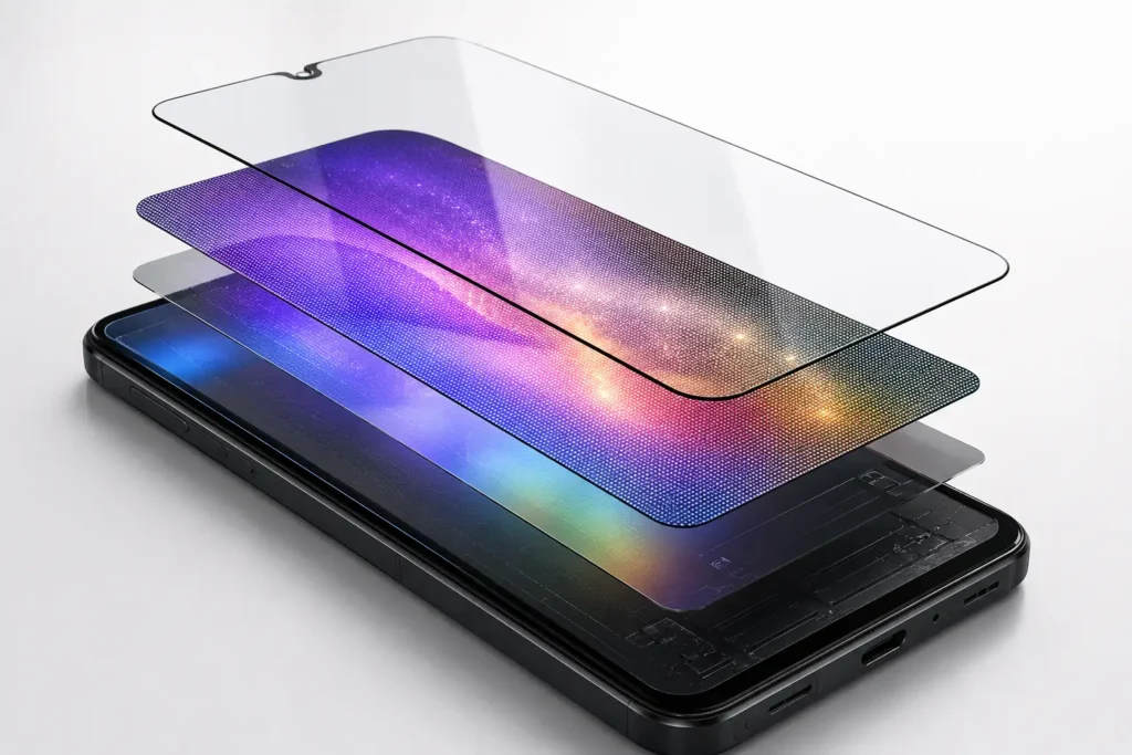 Samsung Galaxy A17 é bom? Vale a pena comprar? Análise completa da versão 256 GB 3 Renderização técnica em perspectiva explodida da tela Super AMOLED do Samsung Galaxy A17, ilustrando as camadas do display Full HD+ de 6,7 polegadas com tecnologia AMOLED, alta definição de cores, contraste elevado e taxa de atualização de 90 Hz.