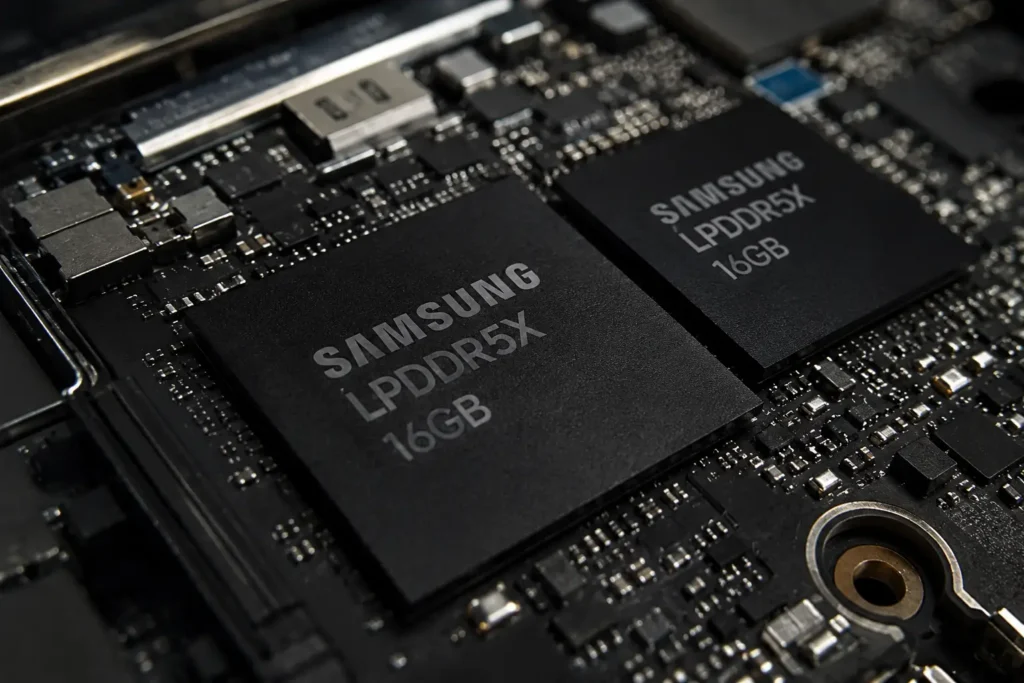 Samsung Galaxy S25 Ultra 5G é Bom? Review Completo, Ficha Técnica e Análise do Topo de Linha da Samsung 3 Imagem macro realista da memória RAM LPDDR5X de 12 GB utilizada no Samsung Galaxy S25 Ultra 5G, destacando os chips de memória de alta velocidade sobre a placa-mãe do smartphone. A tecnologia LPDDR5X oferece maior largura de banda, menor consumo de energia e excelente desempenho para multitarefa, jogos, inteligência artificial e aplicativos exigentes no Galaxy S25 Ultra.